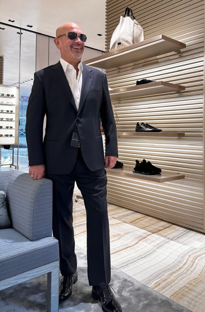Curtis Freyermuth wearing his Armani suit in Japan